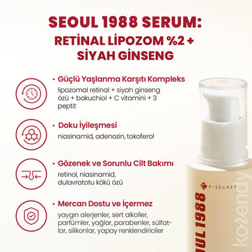 K-Secret - SEOUL 1988 Serum Retinal Liposome 2% + Black Ginseng (İnce Çizgi & Leke Karşıtı Pürüz Önleyici %2 Retinal Lipozom + Siyah Ginsengli Serum) 30ml