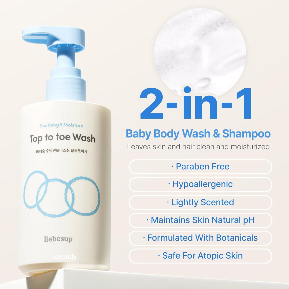 Bebesup - Soothing & Moisture Top to Toe Wash (Organik Pirinçli Besleyici ve Nemlendirici Saç ve Vücut Köpük Temizleyicisi) 300ml