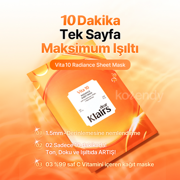 Klairs  - Vita 10 Radiance Sheet Mask (5'li) (Leke Önleyici ve Parlatıcı Lipozomal Glutatyon, Lotus PDRN ve 10'lu Vitamin Kompleksli Maske) 25ml