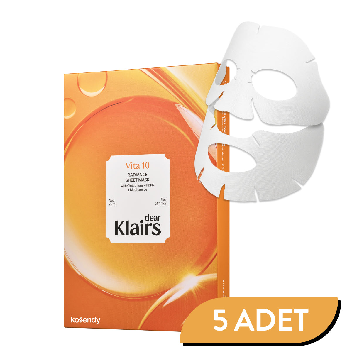 Klairs  - Vita 10 Radiance Sheet Mask (5'li) (Leke Önleyici ve Parlatıcı Lipozomal Glutatyon, Lotus PDRN ve 10'lu Vitamin Kompleksli Maske) 25ml